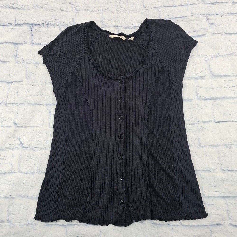 Soft Surroundings Henley Top WOMEN M Black Ribbed Knit Button Front Lettuce Hem